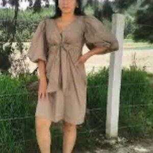 BCBGMaxAzria Dress Brown S Small Short Sleeve Silk Lined Stretch Cotton Washable